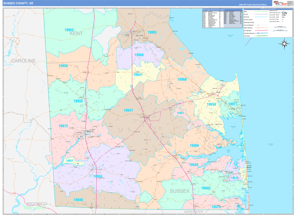 Sussex County Wall Map Color Cast Style