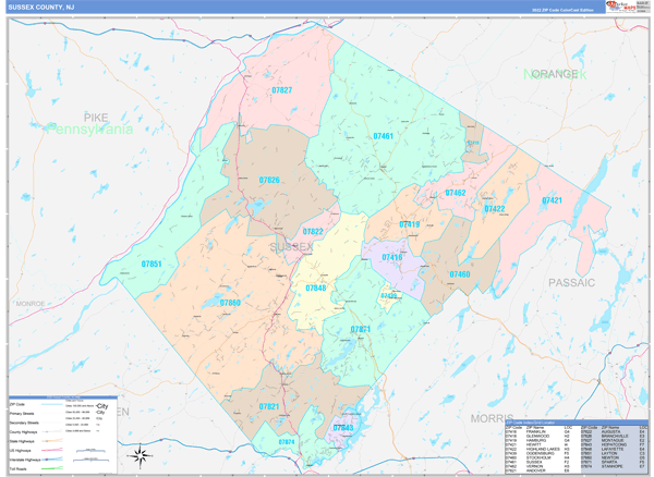 Sussex County, NJ Zip Code Map