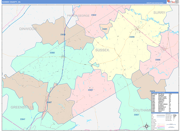 Sussex County, VA Zip Code Map