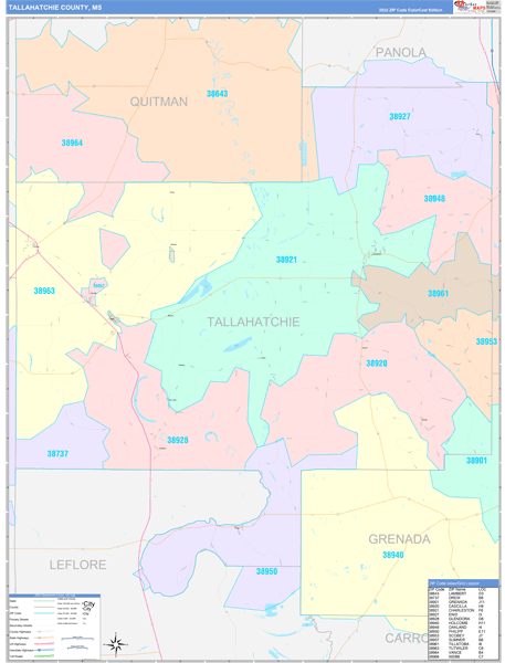 Tallahatchie County Wall Map Color Cast Style