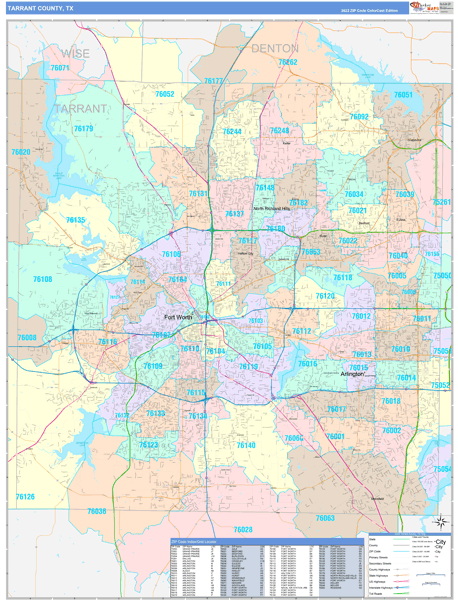 Tarrant County, TX Wall Map Color Cast Style