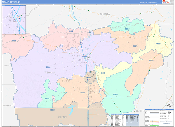 Tehama County, CA Map Color Cast Style