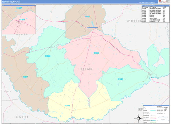 Telfair County, GA Zip Code Map