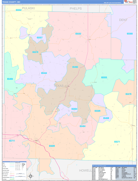 Texas County, MO Zip Code Map
