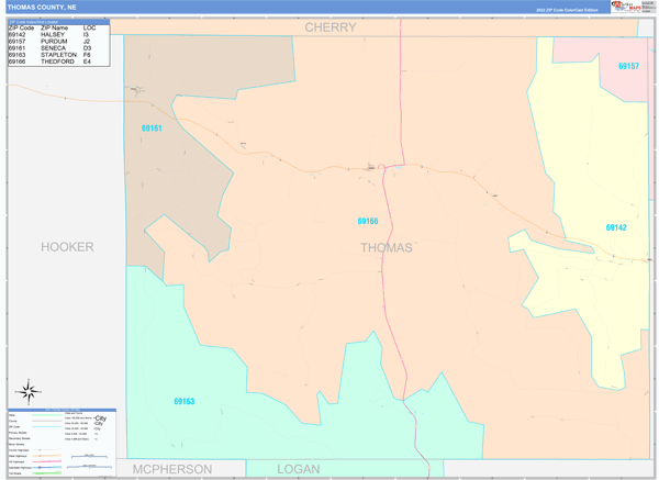 Thomas County, NE Wall Map Color Cast Style