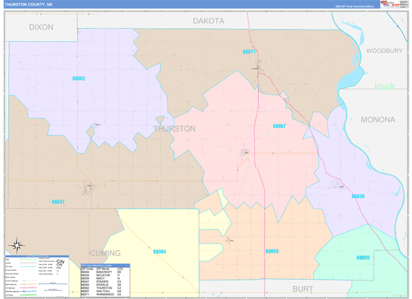 Thurston County, NE Wall Map Color Cast Style