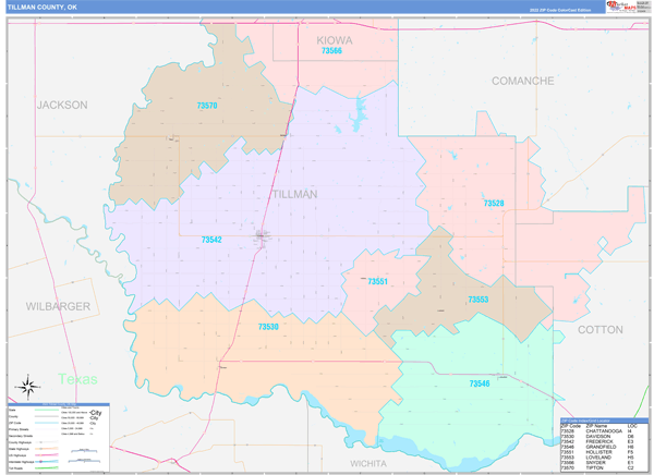 Tillman County Wall Map Color Cast Style