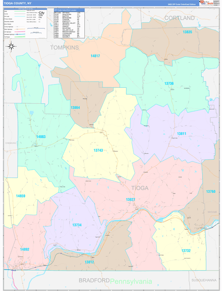 Tioga County, NY Zip Code Map