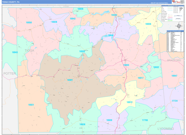 Tioga County Wall Map Color Cast Style