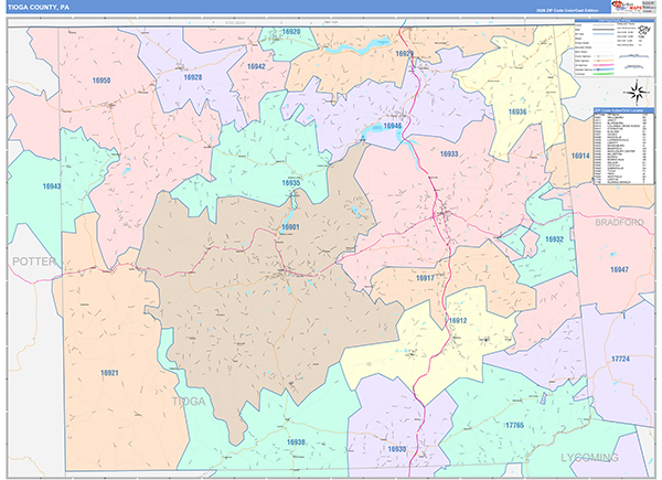 Tioga County, PA Wall Map Color Cast Style