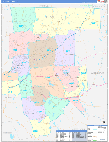 Tolland County, CT Zip Code Map