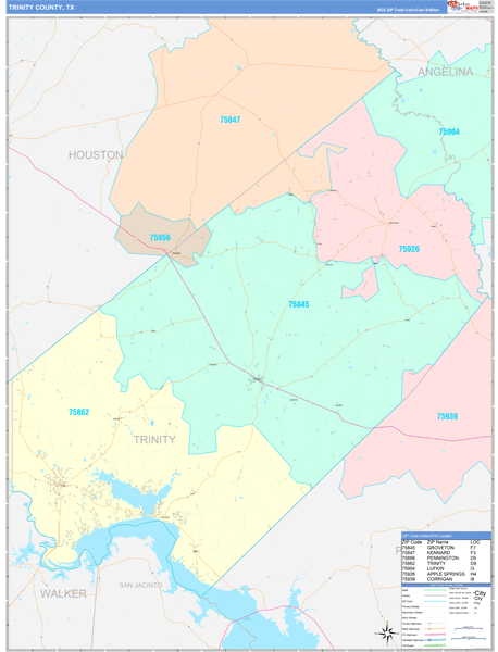 Trinity County, TX Wall Map Color Cast Style