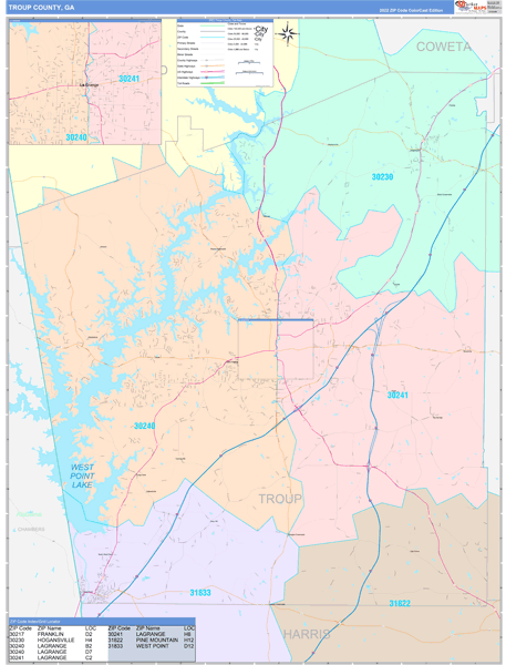 Troup County, GA Wall Map Color Cast Style