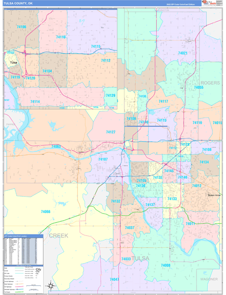 Tulsa County, OK Wall Map Color Cast Style