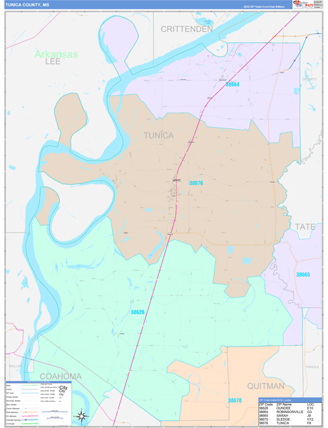 Tunica County, MS Zip Code Map