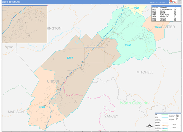 Unicoi County, TN Wall Map Color Cast Style