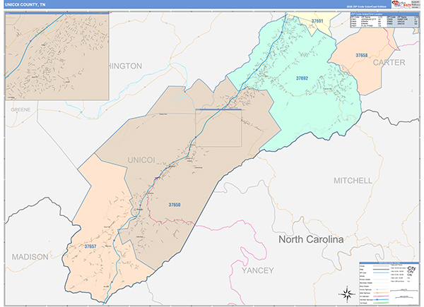Unicoi County, TN Zip Code Map
