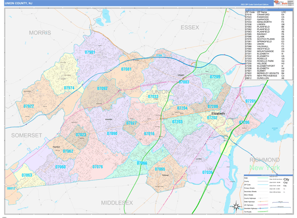 Union County, NJ Wall Map Color Cast Style