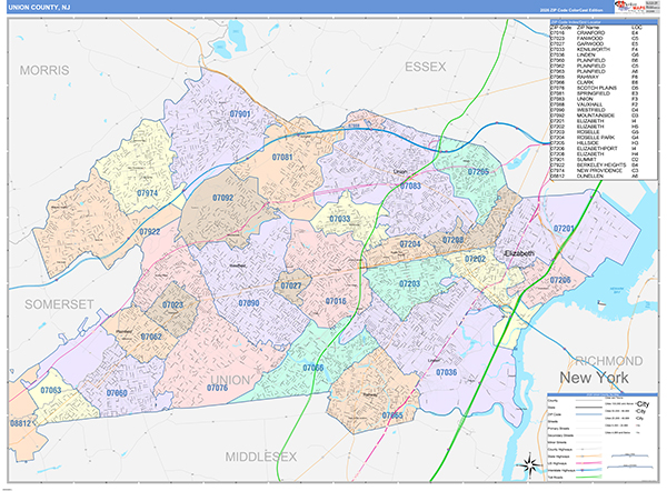 Union County, NJ Zip Code Map