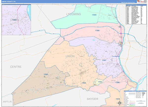 Union County, PA Wall Map Color Cast Style