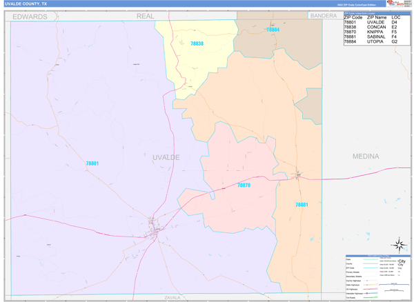 Uvalde County, TX Wall Map Color Cast Style