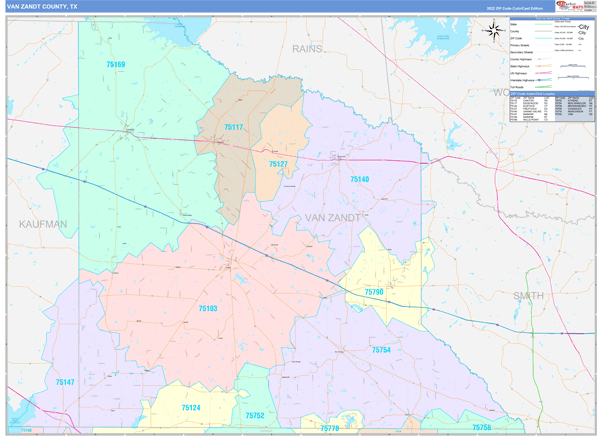 Van Zandt County, TX Wall Map Color Cast Style by MarketMAPS - MapSales