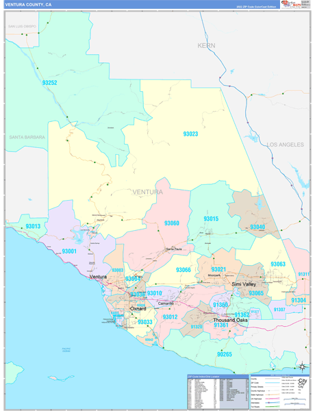 Ventura County, CA Wall Map Color Cast Style