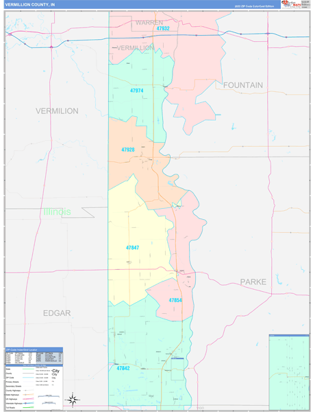 Vermillion County, IN Wall Map Color Cast Style
