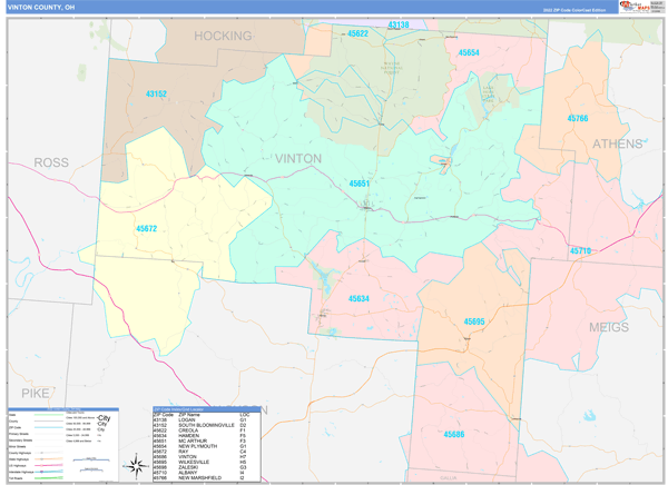 Vinton County, OH Wall Map Color Cast Style