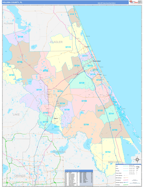 Volusia County Wall Map Color Cast Style