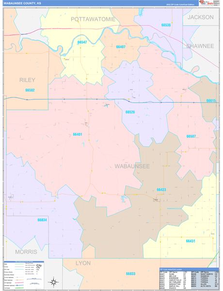 Wabaunsee County Wall Map Color Cast Style