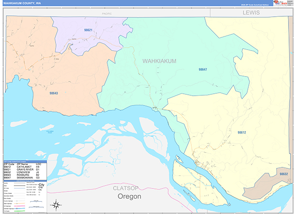 Wahkiakum County, WA Wall Map Color Cast Style