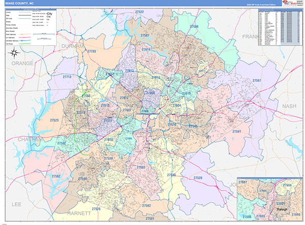 Wake County Wall Map Color Cast Style