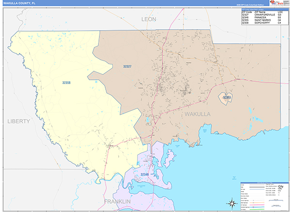 Wakulla County, FL Wall Map Color Cast Style