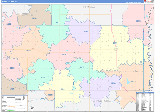 Walsh County, ND Wall Map Color Cast Style