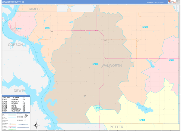 Walworth County, SD Wall Map Color Cast Style