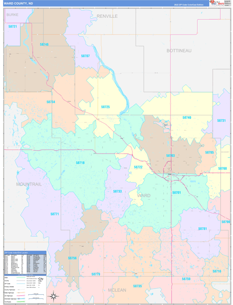 Ward County, ND Wall Map Color Cast Style