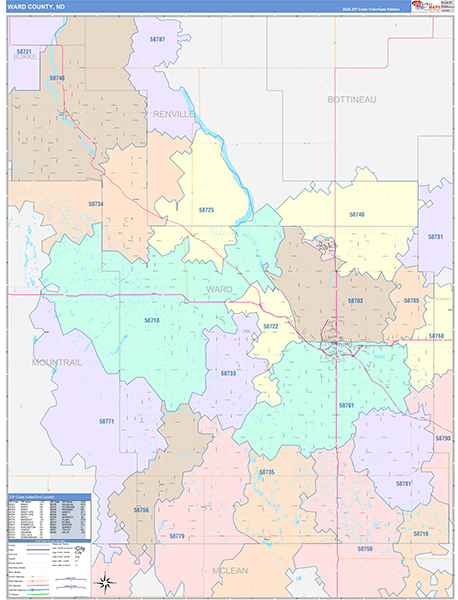 Ward County, ND Wall Map Color Cast Style