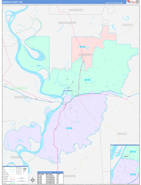 Warren County, MS Wall Map Color Cast Style