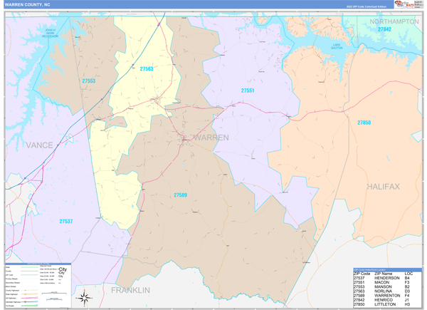 Warren County, NC Wall Map Color Cast Style