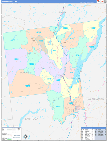 Warren County, NY Wall Map Color Cast Style