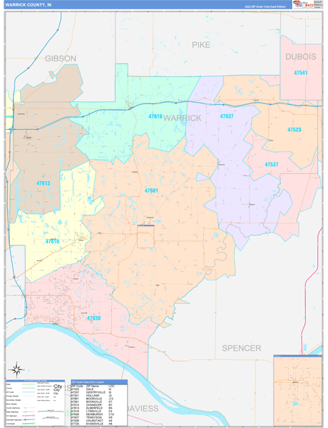 Warrick County, IN Wall Map Color Cast Style