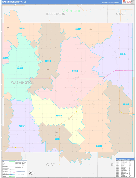 Washington County, KS Wall Map Color Cast Style