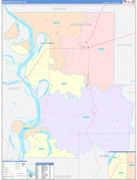 Washington County, MS Wall Map Color Cast Style