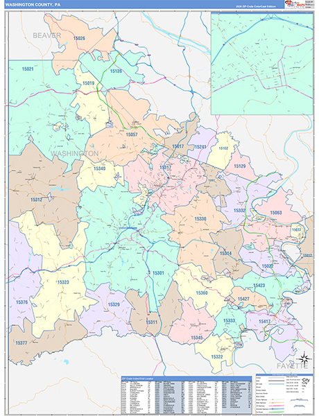 Washington County, PA Wall Map Color Cast Style