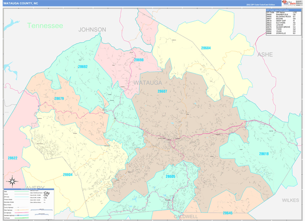 Watauga County Wall Map Color Cast Style