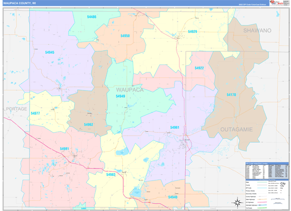 Waupaca County Wall Map Color Cast Style