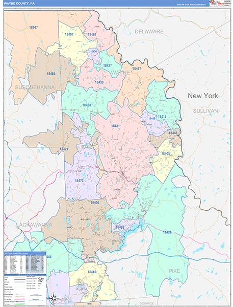 Wayne County, PA Wall Map Color Cast Style