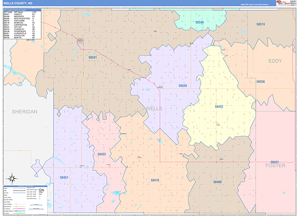Wells County, ND Wall Map Color Cast Style