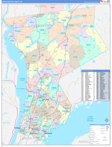 Westchester County, NY Wall Map Color Cast Style